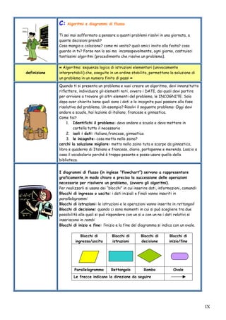 IX
C: Algoritmi e diagrammi di flusso
Ti sei mai soffermato a pensare a quanti problemi risolvi in una giornata, a
quante decisioni prendi?
Cosa mangio a colazione? come mi vesto? quali amici invito alla festa? cosa
guardo in tv? Forse non lo sai ma inconsapevolmente, ogni giorno, costruisci
tantissimi algoritmi (procedimento che risolve un problema).
definizione
« Algoritmo: sequenza logica di istruzioni elementari (univocamente
interpretabili) che, eseguite in un ordine stabilito, permettono la soluzione di
un problema in un numero finito di passi »
Quando ti si presenta un problema e vuoi creare un algoritmo, devi innanzitutto
riflettere, individuare gli elementi noti, ovvero i DATI, dai quali devi partire
per arrivare a trovare gli altri elementi del problema, le INCOGNITE. Solo
dopo aver chiarito bene quali sono i dati e le incognite puoi passare alla fase
risolutiva del problema. Un esempio? Risolvi il seguente problema: Oggi devi
andare a scuola, hai lezione di italiano, francese e ginnastica.
Come fai?
1. Identifichi il problema: devo andare a scuola e devo mettere in
cartella tutto il necessario
2. isoli i dati: italiano,francese, ginnastica
3. le incognite: cosa metto nello zaino?
cerchi la soluzione migliore: metto nello zaino tuta e scarpe da ginnastica,
libro e quaderno di Italiano e francese, diario, portapenne e merenda. Lascio a
casa il vocabolario perché è troppo pesante e posso usare quello della
biblioteca.
I diagrammi di flusso (in inglese ”flowchart”) servono a rappresentare
graficamente,in modo chiaro e preciso la successione delle operazioni
necessarie per risolvere un problema, (ovvero gli algoritmi).
Per realizzarli si usano dei “blocchi” in cui inserire dati, informazioni, comandi:
Blocchi di ingresso o uscita: i dati iniziali e finali vanno inseriti in
parallelogrammi
Blocchi di istruzioni: le istruzioni e le operazioni vanno inserite in rettangoli
Blocchi di decisione: quando ci sono momenti in cui si può scegliere tra due
possibilità alle quali si può rispondere con un si o con un no i dati relativi si
inseriscono in rombi
Blocchi di inizio e fine: l’inizio e la fine del diagramma si indica con un ovale.
Blocchi di
ingresso/uscita
Blocchi di
istruzioni
Blocchi di
decisione
Blocchi di
inizio/fine
Parallelogrammo Rettangolo Rombo Ovale
Le frecce indicano la direzione da seguire
 
