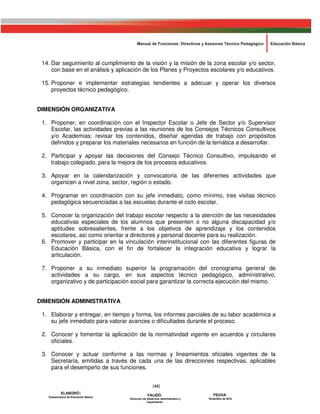 14. Dar seguimiento al cumplimiento de la visión y la misión de la zona escolar y/o sector,
     con base en el análisis y aplicación de los Planes y Proyectos escolares y/o educativos.

 15. Proponer e implementar estrategias tendientes a adecuar y operar los diversos
     proyectos técnico pedagógico.


DIMENSIÓN ORGANIZATIVA

 1. Proponer, en coordinación con el Inspector Escolar o Jefe de Sector y/o Supervisor
    Escolar, las actividades previas a las reuniones de los Consejos Técnicos Consultivos
    y/o Academias: revisar los contenidos, diseñar agendas de trabajo con propósitos
    definidos y preparar los materiales necesarios en función de la temática a desarrollar.

 2. Participar y apoyar las decisiones del Consejo Técnico Consultivo, impulsando el
    trabajo colegiado, para la mejora de los procesos educativos.

 3. Apoyar en la calendarización y convocatoria de las diferentes actividades que
    organicen a nivel zona, sector, región o estado.

 4. Programar en coordinación con su jefe inmediato, como mínimo, tres visitas técnico
    pedagógica secuenciadas a las escuelas durante el ciclo escolar.

 5. Conocer la organización del trabajo escolar respecto a la atención de las necesidades
    educativas especiales de los alumnos que presenten o no alguna discapacidad y/o
    aptitudes sobresalientes, frente a los objetivos de aprendizaje y los contenidos
    escolares, así como orientar a directores y personal docente para su realización.
 6. Promover y participar en la vinculación interinstitucional con las diferentes figuras de
    Educación Básica, con el fin de fortalecer la integración educativa y lograr la
    articulación.

 7. Proponer a su inmediato superior la programación del cronograma general de
    actividades a su cargo, en sus aspectos técnico pedagógico, administrativo,
    organizativo y de participación social para garantizar la correcta ejecución del mismo.


DIMENSIÓN ADMINISTRATIVA

 1. Elaborar y entregar, en tiempo y forma, los informes parciales de su labor académica a
    su jefe inmediato para valorar avances o dificultades durante el proceso.

 2. Conocer y fomentar la aplicación de la normatividad vigente en acuerdos y circulares
    oficiales.

 3. Conocer y actuar conforme a las normas y lineamientos oficiales vigentes de la
    Secretaría, emitidas a través de cada una de las direcciones respectivas, aplicables
    para el desempeño de sus funciones.


                                                        [44]
            ELABORÓ:                                                                 FECHA:
   Subsecretaría de Educación Básica
                                                    VALIDÓ:
                                       Dirección de Desarrollo Administrativo y   Diciembre de 2010
                                                    Capacitación
 