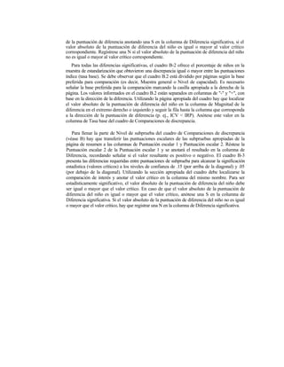 de la puntuación de diferencia anotando una S en la columna de Diferencia significativa, si el
valor absoluto de la puntuación de diferencia del niño es igual o mayor al valor crítico
correspondiente. Regístrese una N si el valor absoluto de la puntuación de diferencia del niño
no es igual o mayor al valor crítico correspondiente.
Para todas las diferencias significativas, el cuadro B-2 ofrece el porcentaje de niños en la
muestra de estandarización que obtuvieron una discrepancia igual o mayor entre las puntuaciones
índice (tasa base). Se debe observar que el cuadro B.2 está dividido por páginas según la base
preferida para comparación (es decir, Muestra general o Nivel de capacidad). Es necesario
señalar la base preferida para la comparación marcando la casilla apropiada a la derecha de la
página. Los valores informados en el cuadro B.2 están separados en columnas de "-" y "+", con
base en la dirección de la diferencia. Utilizando la página apropiada del cuadro hay que localizar
el valor absoluto de la puntuación de diferencia del niño en la columna de Magnitud de la
diferencia en el extremo derecho o izquierdo y seguir la fila hasta la columna que corresponda
a la dirección de la puntuación de diferencia (p. ej., ICV < IRP). Anótese este valor en la
columna de Tasa base del cuadro de Comparaciones de discrepancia.
Para llenar la parte de Nivel de subprueba del cuadro de Comparaciones de discrepancia
(véase B) hay que transferir las puntuaciones escalares de las subpruebas apropiadas de la
página de resumen a las columnas de Puntuación escalar 1 y Puntuación escalar 2. Réstese la
Puntuación escalar 2 de la Puntuación escalar 1 y se anotará el resultado en la columna de
Diferencia, recordando señalar si el valor resultante es positivo o negativo. El cuadro B-3
presenta las diferencias requeridas entre puntuaciones de subprueba para alcanzar la significación
estadística (valores críticos) a los niveles de confianza de .15 (por arriba de la diagonal) y .05
(por debajo de la diagonal). Utilizando la sección apropiada del cuadro debe localizarse la
comparación de interés y anotar el valor crítico en la columna del mismo nombre. Para ser
estadísticamente significativo, el valor absoluto de la puntuación de diferencia del niño debe
ser igual o mayor que el valor crítico. En caso de que el valor absoluto de la puntuación de
diferencia del niño es igual o mayor que el valor crítico, anótese una S en la columna de
Diferencia significativa. Si el valor absoluto de la puntuación de diferencia del niño no es igual
o mayor que el valor crítico, hay que registrar una N en la columna de Diferencia significativa.
 