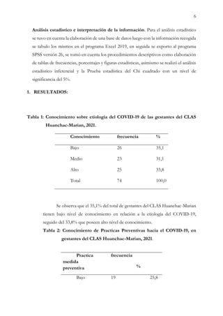6
Análisis estadístico e interpretación de la información. Para el análisis estadístico
se tuvo en cuenta la elaboración de una base de datos luego con la información recogida
se tabulo los mismos en el programa Excel 2019, en seguida se exporto al programa
SPSS versión 26, se tomó en cuenta los procedimientos descriptivos como elaboración
de tablas de frecuencias, porcentajes y figuras estadísticas, asimismo se realizó el análisis
estadístico inferencial y la Prueba estadística del Chi cuadrado con un nivel de
significancia del 5%.
1. RESULTADOS:
Tabla 1: Conocimiento sobre etiología del COVID-19 de las gestantes del CLAS
Huanchac-Marian, 2021.
Conocimiento frecuencia %
Bajo 26 35,1
Medio 23 31,1
Alto 25 33,8
Total 74 100,0
Se observa que el 35,1% del total de gestantes del CLAS Huanchac-Marian
tienen bajo nivel de conocimiento en relación a la etiología del COVID-19,
seguido del 33,8% que poseen alto nivel de conocimiento.
Tabla 2: Conocimiento de Practicas Preventivas hacia el COVID-19, en
gestantes del CLAS Huanchac-Marian, 2021.
Practica
medida
preventiva
frecuencia
%
Bajo 19 25,8
 