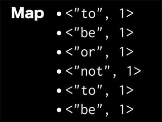 Map   •<"to", 1>
      •<"be", 1>
      •<"or", 1>
      •<"not", 1>
      •<"to", 1>
      •<"be", 1>
 
