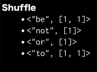 Shufﬂe
   •<"be", [1, 1]>
   •<"not", [1]>
   •<"or", [1]>
   •<"to", [1, 1]>
 
