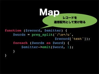 Map       レコードを
                       連想配列として受け取る

function ($record, $emitter) {
    $words = preg_split('/s+/u',
                        $record['text']);
    foreach ($words as $word) {
        $emitter->emit($word, 1);
    }
}
 