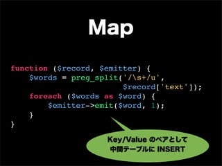 Map

function ($record, $emitter) {
    $words = preg_split('/s+/u',
                        $record['text']);
    foreach ($words as $word) {
        $emitter->emit($word, 1);
    }
}
                    Key/Value のペアとして
                    中間テーブルに INSERT
 