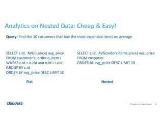28© Cloudera, Inc. All rights reserved.
Analytics on Nested Data: Cheap & Easy!
SELECT c.id, AVG(orders.items.price) avg_price
FROM customer
ORDER BY avg_price DESC LIMIT 10
Query: Find the 10 customers that buy the most expensive items on average
SELECT c.id, AVG(i.price) avg_price
FROM customer c, order o, item i
WHERE c.id = o.cid and o.id = i.oid
GROUP BY c.id
ORDER BY avg_price DESC LIMIT 10
Flat Nested
 