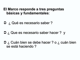 El Marco responde a tres preguntas básicas y fundamentales : ¿ Qué es necesario saber ? ¿ Que es necesario saber hacer ?  y ¿ Cuán bien se debe hacer ? o ¿ cuán bien se está haciendo ? 