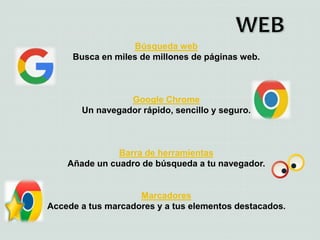 Búsqueda web
Busca en miles de millones de páginas web.
Google Chrome
Un navegador rápido, sencillo y seguro.
Barra de herramientas
Añade un cuadro de búsqueda a tu navegador.
Marcadores
Accede a tus marcadores y a tus elementos destacados.
 