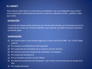 EL CARNET
Toda empresa debe llevar un control de sus empleados o de sus trabajadores que presten
servicio generales, administrativos internos y externos, indicando nombre , apellido y labor
que realiza.

DURACIÓN
 El contrato de trabajo puede celebrarse por tiempo determinado, por el tiempo que dure la
 realización de la obra, por tiempo indefinido o por ejecutar una labor transitoria ocasional
 accidental según.


 SUSPENSIÓN
 Por fuerza mayor o caso fortuito según Art. 4º de la Ley 50 de 1990. Art. 51 del Código
  Laboral.
 Por muerte o la inhabilitación del empleador
 Por suspensión de actividades de la empresa durante 120 días.
 Por licencia o permiso temporal del empleador al trabajador.
 Por suspensión disciplinaria.
 Por ser llamado a prestar servicio Militar.
 Por detención preventiva del trabajador o por arresto correccional que no exceda de 8
  días.
 Por huelga declarada.
 