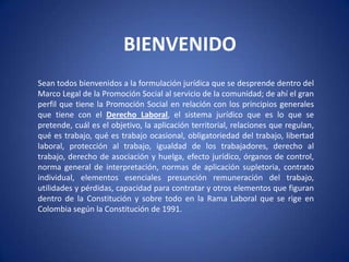 BIENVENIDO
Sean todos bienvenidos a la formulación jurídica que se desprende dentro del
Marco Legal de la Promoción Social al servicio de la comunidad; de ahí el gran
perfil que tiene la Promoción Social en relación con los principios generales
que tiene con el Derecho Laboral, el sistema jurídico que es lo que se
pretende, cuál es el objetivo, la aplicación territorial, relaciones que regulan,
qué es trabajo, qué es trabajo ocasional, obligatoriedad del trabajo, libertad
laboral, protección al trabajo, igualdad de los trabajadores, derecho al
trabajo, derecho de asociación y huelga, efecto jurídico, órganos de control,
norma general de interpretación, normas de aplicación supletoria, contrato
individual, elementos esenciales presunción remuneración del trabajo,
utilidades y pérdidas, capacidad para contratar y otros elementos que figuran
dentro de la Constitución y sobre todo en la Rama Laboral que se rige en
Colombia según la Constitución de 1991.
 