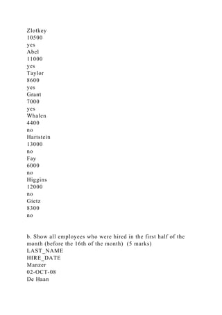 Zlotkey
10500
yes
Abel
11000
yes
Taylor
8600
yes
Grant
7000
yes
Whalen
4400
no
Hartstein
13000
no
Fay
6000
no
Higgins
12000
no
Gietz
8300
no
b. Show all employees who were hired in the first half of the
month (before the 16th of the month) (5 marks)
LAST_NAME
HIRE_DATE
Manzer
02-OCT-08
De Haan
 