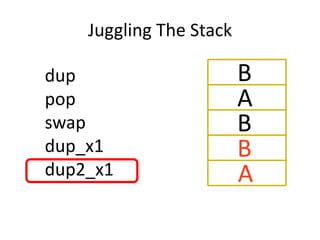 Juggling The Stack

dup                      B
pop                      A
swap                     B
dup_x1                   B
dup2_x1                  A
 