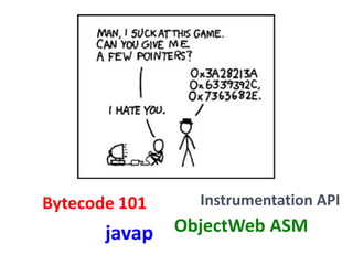 Bytecode 101     Instrumentation API

       javap   ObjectWeb ASM
 