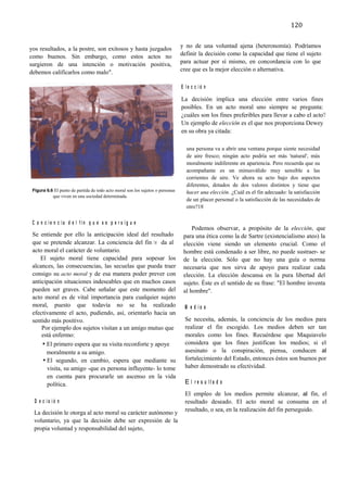 102	
  
       	
                                                                                                                                     120	
  
       	
  

          yos resultados, a la postre, son exitosos y hasta juzgados                         y no de una voluntad ajena (heteronomía). Podríamos
          como buenos. Sin embargo, como estos actos no                                      definir la decisión como la capacidad que tiene el sujeto
          surgieron de una intención o motivación positiva,                                  para actuar por sí mismo, en concordancia con lo que
          debemos calificarlos como malo".                                                   cree que es la mejor elección o alternativa.

                                                                                             E le c c ió n

                                                                                             La decisión implica una elección entre varios fines
                                                                                             posibles. En un acto moral uno siempre se pregunta:
                                                                                             ¿cuáles son los fines preferibles para llevar a cabo el acto?
                                                                                             Un ejemplo de elección es el que nos proporciona Dewey
                                                                                             en su obra ya citada:

                                                                                               una persona va a abrir una ventana porque siente necesidad
                                                                                               de aire fresco; ningún acto podría ser más 'natural', más
                                                                                               moralmente indiferente en apariencia. Pero recuerda que su
                                                                                               acompañante es un minusválido muy sensible a las
                                                                                               corrientes de aire. Ve ahora su acto bajo dos aspectos
                                                                                               diferentes, dotados de dos valores distintos y tiene que
              Figura 6.6 El punto de partida de todo acto moral son los sujetos o personas     hacer una elección. ¿Cuál es el fin adecuado: la satisfacción
                         que viven en una sociedad determinada.
                                                                                               de un placer personal o la satisfacción de las necesidades de
                                                                                               otro?18

              C o n c ie n c ia d e l fin q u e s e p e r s ig u e
                                                                                                  Podemos observar, a propósito de la elección, que
              Se entiende por ello la anticipación ideal del resultado                        para una ética como la de Sartre (existencialismo ateo) la
              que se pretende alcanzar. La conciencia del fin l e da al                       elección viene siendo un elemento crucial. Como el
              acto moral el carácter de voluntario.                                           hombre está condenado a ser libre, no puede sustraer- se
                 El sujeto moral tiene capacidad para sopesar los                             de la elección. Sólo que no hay una guía o norma
              alcances, las consecuencias, las secuelas que pueda traer                       necesaria que nos sirva de apoyo para realizar cada
              consigo su acto moral y de esa manera poder prever con                          elección. La elección descansa en la pura libertad del
              anticipación situaciones indeseables que en muchos casos                        sujeto. Éste es el sentido de su frase: "El hombre inventa
              pueden ser graves. Cabe señalar que este momento del                            al hombre".
              acto moral es de vital importancia para cualquier sujeto
              moral, puesto que todavía no se ha realizado                                    M e d io s
              efectivamente el acto, pudiendo, así, orientarlo hacia un
              sentido más positivo.                                                           Se necesita, además, la conciencia de los medios para
                  Por ejemplo dos sujetos visitan a un amigo mutuo que                        realizar el fin escogido. Los medios deben ser tan
                  está enfermo:                                                               morales como los fines. Recuérdese que Maquiavelo
                  • El primero espera que su visita reconforte y apoye                        considera que los fines justifican los medios; si el
                    moralmente a su amigo.                                                    asesinato o la conspiración, piensa, conducen al
                  • El segundo, en cambio, espera que mediante su                             fortalecimiento del Estado, entonces éstos son buenos por
                    visita, su amigo -que es persona influyente- lo tome                      haber demostrado su efectividad.
                    en cuenta para procurarle un ascenso en la vida
                    política.                                                                 E I r e s u lta d o
                                                                                              El empleo de los medios permite alcanzar, al fin, el
               D e c is ió n                                                                  resultado deseado. El acto moral se consuma en el
                                                                                              resultado, o sea, en la realización del fin perseguido.
              La decisión le otorga al acto moral su carácter autónomo y
              voluntario, ya que la decisión debe ser expresión de la
              propia voluntad y responsabilidad del sujeto,
	
  
 