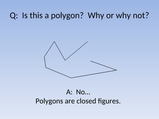 Q: Is this a polygon? Why or why not?
A: No…
Polygons are closed figures.
 