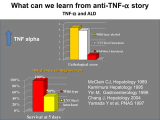 What can we learn from anti-TNF-a story 
TNF-a and ALD 
McClain CJ, Hepatology 1989 
Kamimura Hepatology 1995 
Yin M, Gastroenterology 1999 
Chang J, Hepatology 2004 
Yamada Y et al, PNAS 1997 
TNF alpha 
TTNNFF--a aanndd LLiivveerr RReeggeenneerraattiioonn 
 
