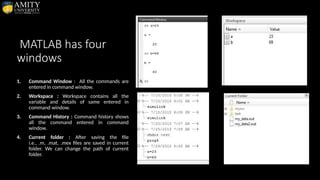 MATLAB has four
windows
1. Command Window : All the commands are
entered in command window.
2. Workspace : Workspace contains all the
variable and details of same entered in
command window.
3. Command History : Command history shows
all the command entered in command
window.
4. Current folder : After saving the file
i.e., .m, .mat, .mex files are saved in current
folder. We can change the path of current
folder.
 