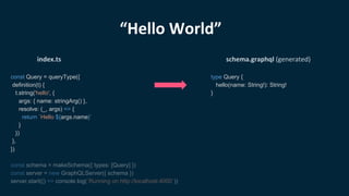 “Hello World”
const Query = queryType({
definition(t) {
t.string('hello', {
args: { name: stringArg() },
resolve: (_, args) => {
return `Hello ${args.name}`
}
})
},
})
const schema = makeSchema({ types: [Query] })
const server = new GraphQLServer({ schema })
server.start(() => console.log(`Running on http://localhost:4000`))
type Query {
hello(name: String!): String!
}
index.ts schema.graphql (generated)
 