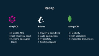 GraphQL
Recap
● Flexibility
● High Scalability
● Embedded Documents
● Powerful primitives
● Auto-Completion
● Typesafety
● Multi-Language
● Flexible APIs
● Get what you need
● Schema decouples
teams
MongoDBPrisma
 