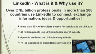 5
LinkedIn - What is it & Why use it?
Over ONE billion professionals in more than 200
countries use LinkedIn to connect, exchange
information, ideas & opportunities!
 More than 90% of recruiters search for candidates on LinkedIn
 45 million people use LinkedIn to job search weekly
 6 people are hired on LinkedIn every minute
 77 job applications submitted every second
Source: https://blog.hootsuite.com/linkedin-statistics-business
 