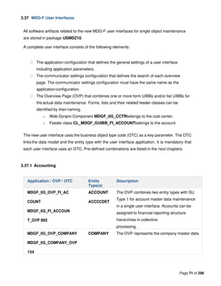 Page 71 of 296
3.37 MDG-F User Interfaces
All software artifacts related to the new MDG-F user interfaces for single object maintenance
are stored in package USMDZ10.
A complete user interface consists of the following elements:
The application configuration that defines the general settings of a user interface
including application parameters.
The communicator settings configuration that defines the search of each overview
page. The communicator settings configuration must have the same name as the
applicationconfiguration.
The Overview Page (OVP) that combines one or more form UIBBs and/or list UIBBs for
the actual data maintenance. Forms, lists and their related feeder classes can be
identified by their naming.
o Web Dynpro Component MDGF_0G_CCTRbelongs to the cost center.
o Feeder class CL_MDGF_GUIBB_FI_ACCOUNTbelongs to the account.
The new user interface uses the business object type code (OTC) as a key parameter. The OTC
linksthe data model and the entity type with the user interface application. It is mandatory that
each user interface uses an OTC. Pre-defined combinations are listed in the next chapters.
3.37.1 Accounting
Application / OVP / OTC Entity
Type(s)
Description
MDGF_0G_OVP_FI_AC
COUNT
MDGF_0G_FI_ACCOUN
T_OVP 892
ACCOUNT
ACCCCDET
The OVP combines two entity types with SU
Type 1 for account master data maintenance
in a single user interface. Accounts can be
assigned to financial reporting structure
hierarchies in collective
processing.
MDGF_0G_OVP_COMPANY
MDGF_0G_COMPANY_OVP
154
COMPANY The OVP represents the company master data.
 