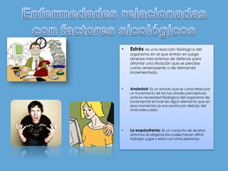 Enfermedades relacionadas con factores sicológicosEstrés: es una reacción fisiológica del organismo en el que entran en juego diversos mecanismos de defensa para afrontar una situación que se percibe como amenazante o de demanda incrementada.Ansiedad: Es un estado que se caracteriza por un incremento de las facultades perceptivas ante la necesidad fisiológica del organismo de incrementar el nivel de algún elemento que en esos momentos se encuentra por debajo del nivel adecuado.La esquizofrenia: Es un conjunto de severos síntomas sicológicos los cuales hacen difícil trabajar, jugar y estar con otras personas.