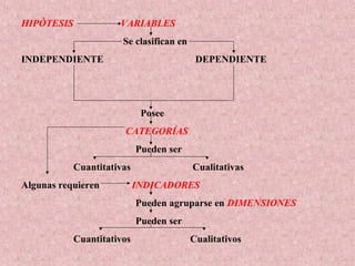 HIPÓTESIS VARIABLES
Se clasifican en
INDEPENDIENTE DEPENDIENTE
Posee
CATEGORÍAS
Pueden ser
Cuantitativas Cualitativas
Algunas requieren INDICADORES
Pueden agruparse en DIMENSIONES
Pueden ser
Cuantitativos Cualitativos
 