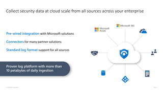 Collect security data at cloud scale from all sources across your enterprise
© Microsoft Corporation Azure
Pre-wired integration with Microsoft solutions
Connectors for many partner solutions
Standard log format support for all sources
Proven log platform with more than
10 petabytes of daily ingestion
 