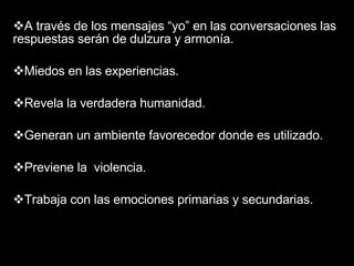A través de los mensajes “yo” en las conversaciones las respuestas serán de dulzura y armonía. Miedos en las experiencias. Revela la verdadera humanidad. Generan un ambiente favorecedor donde es utilizado. Previene la  violencia. Trabaja con las emociones primarias y secundarias. 