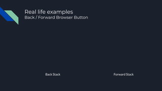 Real life examples
Back / Forward Browser Button
Back Stack Forward Stack
 