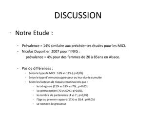 DISCUSSION
- Notre Etude :
  - Prévalence = 14% similaire aux précédentes études pour les MICI.
  - Nicolas Duport en 2007 pour l’INVS :
      prévalence = 4% pour des femmes de 20 à 85ans en Alsace.

  - Pas de différences :
      - Selon le type de MICI : 16% vs 12% ( p>0,05)
      - Selon le type d’immunosuppresseur ou leur durée cumulée
      - Selon les facteurs de risques reconnus tels que :
           - le tabagisme (21% vs 18% vs 7% ; p>0,05)
           - la contraception (70 vs 60% ; p>0,05),
           - le nombre de partenaires (4 vs 7 ; p>0,05)
           - l’âge au premier rapport (17,6 vs 18,4 ; p>0,05)
           - Le nombre de grossesse
 
