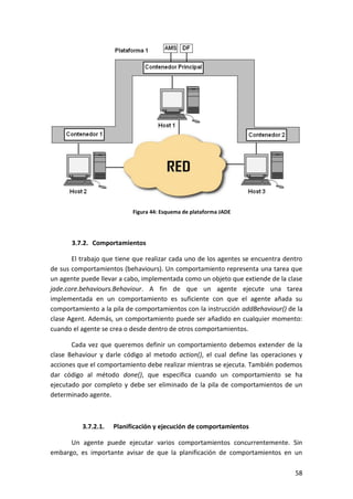 58
Figura 44: Esquema de plataforma JADE
3.7.2. Comportamientos
El trabajo que tiene que realizar cada uno de los agentes se encuentra dentro
de sus comportamientos (behaviours). Un comportamiento representa una tarea que
un agente puede llevar a cabo, implementada como un objeto que extiende de la clase
jade.core.behaviours.Behaviour. A fin de que un agente ejecute una tarea
implementada en un comportamiento es suficiente con que el agente añada su
comportamiento a la pila de comportamientos con la instrucción addBehaviour() de la
clase Agent. Además, un comportamiento puede ser añadido en cualquier momento:
cuando el agente se crea o desde dentro de otros comportamientos.
Cada vez que queremos definir un comportamiento debemos extender de la
clase Behaviour y darle código al metodo action(), el cual define las operaciones y
acciones que el comportamiento debe realizar mientras se ejecuta. También podemos
dar código al método done(), que especifica cuando un comportamiento se ha
ejecutado por completo y debe ser eliminado de la pila de comportamientos de un
determinado agente.
3.7.2.1. Planificación y ejecución de comportamientos
Un agente puede ejecutar varios comportamientos concurrentemente. Sin
embargo, es importante avisar de que la planificación de comportamientos en un
 