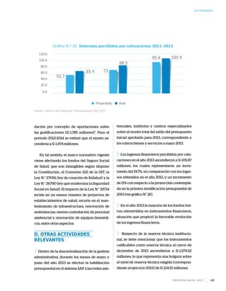 Memoria anual 2013 149
dación por concepto de aportaciones sobre
las gratificaciones (S/.1,785 millones)”. Para el
periodo 2012-2014 se estimó que el monto as-
cendería a S/.1,974 millones.
En tal sentido, el marco normativo vigente
viene afectando los fondos del Seguro Social
de Salud, que son intangibles según dispone
la Constitución, el Convenio 102 de la OIT, la
Ley N.° 27056 (ley de creación de EsSalud) y la
Ley N.° 26790 (ley que moderniza la Seguridad
Social en Salud). El impacto de la Ley N.° 29714
incide en un menor número de proyectos de
establecimientos de salud, recorte en el man-
tenimiento de infraestructura, renovación de
ambulancias, menos contratación de personal
asistencial y renovación de equipos biomédi-
cos, entre otros aspectos.
d. Otras actividades
relevantes
Dentro de la descentralización de la gestión
administrativa, durante los meses de mayo y
junio del año 2013 se efectuó la habilitación
presupuestal en el sistema SAP a las redes asis-
tenciales, institutos y centros especializados
sobre el monto total del saldo del presupuesto
inicial aprobado para 2013, correspondiente a
los rubros bienes y servicios a mayo 2013.
Los ingresos financieros percibidos por colo-
caciones en el año 2013 ascendieron a S/.105.87
millones, los cuales representaron un incre-
mento del 19.7%, en comparación con los ingre-
sos obtenidos en el año 2012, y un incremento
de 11% con respecto a la proyección contempla-
da en la primera modificación presupuestal de
2013 (ver gráfico N° 26).
En el año 2013 la mayoría de los fondos fue-
ron reinvertidos en instrumentos financieros,
situación que propició la favorable evolución
de los ingresos financieros.
Respecto de la reserva técnica institucio-
nal, se debe mencionar que los instrumentos
calificables como reserva técnica al cierre de
diciembre de 2013 ascendieron a S/.1,579.52
millones, lo que representa una holgura sobre
el nivel de reserva técnica exigida (correspon-
diente al ejercicio 2012) de S/.124.15 millones.
65.4
55.7
120.0
100.0
80.0
60.0
40.0
20.0
0.0
88.5
73
105.995.4
Proyectado Real
Gráfico N.° 26. Intereses percibidos por colocaciones 2011-2013
Fuente: Informe de Evaluación Presupuestaria 2013-GCF
3.8 finanzas
 