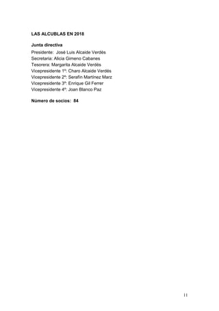 11
LAS ALCUBLAS EN 2018
Junta directiva
Presidente: José Luis Alcaide Verdés
Secretaria: Alicia Gimeno Cabanes
Tesorera: Margarita Alcaide Verdés
Vicepresidente 1º: Charo Alcaide Verdés
Vicepresidente 2º: Serafín Martínez Marz
Vicepresidente 3º: Enrique Gil Ferrer
Vicepresidente 4º: Joan Blanco Paz
Número de socios: 84
 