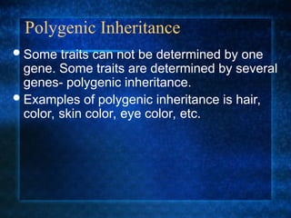 Polygenic Inheritance
Some traits can not be determined by one
gene. Some traits are determined by several
genes- polygenic inheritance.
Examples of polygenic inheritance is hair,
color, skin color, eye color, etc.
 