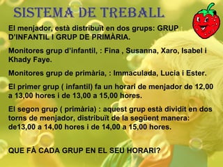Sistema de treball El menjador, està distribuït en dos grups: GRUP D’INFANTIL I GRUP DE PRIMÀRIA. Monitores   grup d’infantil, : Fina , Susanna, Xaro, Isabel i Khady Faye. Monitores   grup de primària, : Immaculada, Lucia i Ester. El primer grup ( infantil) fa un horari de menjador de 12,00 a 13,00 hores i de 13,00 a 15,00 hores. El segon grup ( primària) : aquest grup està dividit en dos torns de menjador, distribuït de la següent manera: de13,00 a 14,00 hores i de 14,00 a 15,00 hores. QUE FÀ CADA GRUP EN EL SEU HORARI? 