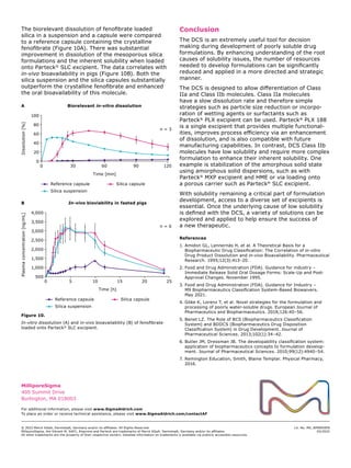 Figure 10.
In-vitro dissolution (A) and in-vivo bioavailability (B) of fenofibrate
loaded onto Parteck®
SLC excipient.
Conclusion
The DCS is an extremely useful tool for decision
making during development of poorly soluble drug
formulations. By enhancing understanding of the root
causes of solubility issues, the number of resources
needed to develop formulations can be significantly
reduced and applied in a more directed and strategic
manner.
The DCS is designed to allow differentiation of Class
IIa and Class IIb molecules. Class IIa molecules
have a slow dissolution rate and therefore simple
strategies such as particle size reduction or incorpo­
ration of wetting agents or surfactants such as
Parteck®
PLX excipient can be used. Parteck®
 PLX 188
is a single excipient that provides multiple functional­
ities, improves process efficiency via an enhancement
of dissolution, and is also compatible with future
manufacturing capabilities. In contrast, DCS Class IIb
molecules have low solubility and require more complex
formulation to enhance their inherent solubility. One
example is stabilization of the amorphous solid state
using amorphous solid dispersions, such as with
Parteck®
MXP excipient and HME or via loading onto
a porous carrier such as Parteck®
SLC excipient.
With solubility remaining a critical part of formulation
development, access to a diverse set of excipients is
essential. Once the underlying cause of low solubility
is defined with the DCS, a variety of solutions can be
explored and applied to help ensure the success of
a new therapeutic.
References
1.	Amidon GL, Lennernäs H, et al. A Theoretical Basis for a
Biopharmaceutic Drug Classification: The Correlation of in-vitro
Drug Product Dissolution and in-vivo Bioavailability. Pharmaceutical
Research. 1995;12(3):413–20.
2.	Food and Drug Administration (FDA). Guidance for industry –
Immediate Release Solid Oral Dosage Forms: Scale-Up and Post-
Approval Changes. November 1995.
3.	Food and Drug Administration (FDA). Guidance for Industry –
M9 Biopharmaceutics Classification System-Based Biowaivers.
May 2021.
4.	Göke K, Lorenz T, et al. Novel strategies for the formulation and
processing of poorly water-soluble drugs. European Journal of
Pharmaceutics and Biopharmaceutics. 2018;126:40–56.
5.	Benet LZ. The Role of BCS (Biopharmaceutics Classification
System) and BDDCS (Biopharmaceutics Drug Disposition
Classification System) in Drug Development. Journal of
Pharmaceutical Sciences. 2013;102(1):34–42.
6.	Butler JM, Dressman JB. The developability classification system:
application of biopharmaceutics concepts to formulation develop­
ment. Journal of Pharmaceutical Sciences. 2010;99(12):4940–54.
7.	Remington Education, Smith, Blaine Templar. Physical Pharmacy,
2016.
The biorelevant dissolution of fenofibrate loaded
silica in a suspension and a capsule were compared
to a reference capsule containing the crystalline
fenofibrate (Figure 10A). There was substantial
improvement in dissolution of the mesoporous silica
formulations and the inherent solubility when loaded
onto Parteck®
SLC excipient. The data correlates with
in-vivo bioavailability in pigs (Figure 10B). Both the
silica suspension and the silica capsules substantially
outperform the crystalline fenofibrate and enhanced
the oral bioavailability of this molecule.
B
Plasma
concentration
[ng/mL]
0 5 20 25
Time [h]
In-vivo bioviability in fasted pigs
10
3,500
4,000
2,500
3,000
2,000
1,000
500
15
n = 6
Reference capsule Silica capsule
Silica suspension
1,500
0 30 90 120
Time [min]
Biorelevant in-vitro dissolution
60
0
80
100
40
60
20
Dissolution
[%]
n = 3
Reference capsule
Silica suspension
Silica capsule
A
MilliporeSigma
400 Summit Drive
Burlington, MA 018003
© 2022 Merck KGaA, Darmstadt, Germany and/or its affiliates. All Rights Reserved.
MilliporeSigma, the Vibrant M, SAFC, Emprove and Parteck are trademarks of Merck KGaA, Darmstadt, Germany and/or its affiliates.
All other trademarks are the property of their respective owners. Detailed information on trademarks is available via publicly accessible resources.
Lit. No. MS_WP8954EN
02/2022
For additional information, please visit www.SigmaAldrich.com
To place an order or receive technical assistance, please visit www.SigmaAldrich.com/contactAF
 