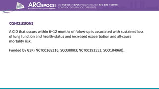 CONCLUSIONSCONCLUSIONS
A CID that occurs within 6–12 months of follow-up is associated with sustained loss
of lung function and health-status and increased exacerbation and all-cause
mortality risk.
Funded by GSK (NCT00268216, SCO30003; NCT00292552, SCO104960).
 