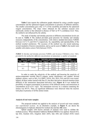 198
Table 2 also reports the calibration graphs obtained by using a smaller reagent
concentration and the optimized reagent concentration in presence of different salinities.
The smaller concentration gave only 13 % of the sensibility provided by the optimized
reagent concentration. The slope values obtained for the salinities assayed were
statistically similar to that obtained in absence of NaCl at 95 % confidence level. Then,
the method is not influenced by the salinity.
The study of interday and intraday precision at different concentrations levels can
be seen in Table 3. The method provided good precision for interday and intraday
measures independently of the concentration, with relative standard desviation (%RSD)
between 2.6-7.2 % and 4-8.6 % respectively. So, repeatibility and reproducibility of the
method resulted satisfactory. The accuracy of the method was also tested analysing
several standards of known concentration, and as can be seen in Table 3, the results were
suitable with relative errors (%Er) between 5-9.8%.
TABLE 3. Interday and intraday precision (%RSD), and Accuracy (%Relative error, %Er),
provided by the method for different concentrations of ammonium. n, number of standards.
Interday precision Intraday precision Accuracy
NH4
+
(mg/l) %RSD (n) NH4
+
(mg/l) %RSD (n) NH4
+
(mg/l) %Er (n)
0.11 6.2 (5) 0.028 5.8 (4)
0.15
7.2 (4)
0.165 8.6 (5) 0.055 5 (4)
0.2 4.0 (3) 0.165 5.9 (3)
0.3
2.6 (4)
0.5 8.4 (3) 0.193 9.8 (3)
In order to study the selectivity of the method, and knowing the reactivity of
amino-compounds towards Dns-Cl reagent, amine interference was studied. Several
aliphatic amines, such as MA, EA DMA, N-PrA, BA, DEA, PeA and HA were tested.
Indeed, all these amine reacted with Dns-Cl, but their derivatives showed retention times
different of the ammonium dansylated derivative (see Figure 4). It was studied the
possibility of reagent consumption in presence of the different amines and ammonium at
concentration level of 0.1 mg/L. The ammonium recovery in a solution containing the
amines was 89.3%. Then, no significant differences were observed when the reaction
took place in presence of all the amines tested.
Analysis of real water samples
The proposed method was applied to the analysis of several real water samples
(see experimental section). As an illustrative example, in Figure 5, are shown the
chromatograms in triplicate obtained for residual (A) and lake (B) water.
Spiked samples with known amounts of analytes were used to validate the
method accuracy. When Standard Additions Method (MOSA) was applied, Natural (S1),
tap (S2), fountain (S3), irrigation ditch 2(S5), lake (S6) and residual (S10) waters
 