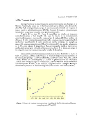 Capítulo 1. INTRODUCCIÓN
23
1.3.3.2. Tendencia Actual
La importancia de las determinaciones quimioluminiscentes en el campo de la
Química Analítica, ha tenido una evolución creciente en los últimos años. Durante los
años 70 y 80, la investigación en este tipo de reacciones estaba orientada a la búsqueda de
nuevos reactivos quimioluminiscentes [25-27] y el estudio de reactivos estructuralmente
semejantes a los que ya se conocían como quimioluminiscentes.
A partir de los años 90 y hasta la actualidad, los estudios de reacciones
quimioluminiscentes se han dirigido más hacia la mejora en la instrumentación,
construyendo detectores muy sencillos para este tipo de medidas [28-30], y también a la
obtención de estos sistemas de detección acoplados a técnicas separativas permitiendo la
resolución y cuantificación de varios analitos en mezclas complejas por ejemplo de
ácidos[31], compuestos de nitrógeno [32], o biopolímeros [33]. Las grandes aplicaciones
de la QL como método de detección en flujo, cromatografía líquida o electroforesis
capilar, junto con el gran potencial del inmunoensayo, hacen de la técnica un campo de
investigación muy interesante en una amplia variedad de disciplinas.
La detección quimioluminiscente es una técnica en pleno desarrollo. El interés de
la QL en Química Analítica, queda reflejado en el número de publicaciones científicas en
revistas de gran prestigio (Analytical Chemistry, Analytica Chimica Acta, The Analyst,
Talanta, Journal of Chromatography y Journal of pharmaceutical and Biomedical
Analysis entre otras) que, según la base de datos Analytical Abstracts desde 1979 hasta la
actualidad (finales de 2003), es del orden de 3700 publicaciones. La Figura 3 refleja el
crecimiento exponencial en el número de publicaciones durante estos últimos 25 años.
Figura 3: Número de publicaciones en revistas científicas de ámbito internacional frente a
cada año desde 1979 a 2003.
0
100
200
300
1979 1982 1985 1988 1991 1994 1997 2000 2003
Año
NºPublicaciones
 