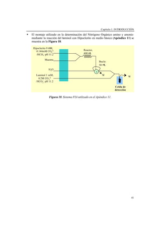 Capítulo 1. INTRODUCCIÓN
41
§ El montaje utilizado en la determinación del Nitrógeno Orgánico amino y amonio
mediante la reacción del luminol con Hipoclorito en medio básico (Apéndice 11) se
muestra en la Figura 18:
Figura 18. Sistema FIA utilizado en el Apéndice 11.
W
Celda de
detección
Bucle:
50 µL
I
W
Reactor,
400 µL
Muestra
H2O
Luminol 1 mM,
0.2M CO3
2-
/HCO3
- pH 11.2
Hipoclorito 9 µM,
0.144mM CO3
2-
/HCO3
- pH 11.2
 