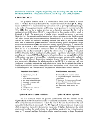 International Journal of Computer Engineering and Technology (IJCET), ISSN 0976-
6367(Print), ISSN 0976 – 6375(Online) Volume 4, Issue 3, May – June (2013), © IAEME
94
I. INTRODUCTION
The p-median problem which is a combinatorial optimization problem in natural
world is NP-Hard that realizes facilitators that serve the maximum locations [7, 8]. The p-
median problem will be practical in several applications such as growing marketing strategies
in the realm of management sciences and locating server positions in computer networks
(CNs) [12]. The use the p-median problem as a clustering technique. In this work a
metaheuristic method k-Mean-GRASP is proposed to solve the p-median problem which is
discussed in detail. The arrangement of similar objects into different groups is known as
Clustering, i.e., the segregation of information into subsets (clusters), so that the elements of
each subset possess some common mannerism. Data clustering is an important Data Mining
task and is a general mechanism for analyzing statistical data, which is used in several other
areas; such as mechanical process industries, machine learning, pattern recognition, image
analysis and bioinformatics [15]. Metaheuristics embody a principal category of approximate
practice for decipher of hard combinatorial optimization problems, for simplification of
which the use of exact methods is impractical. There are several general purpose high-level
procedures that can be instantiated to explore the solution space of a specific optimization
problem efficiently. Earlier, metaheuristics, like genetic algorithms, tabu search, simulated
annealing, ant systems, GRASP, and others, have been introduced and are applied to real-life
problems in several areas of science. Many optimization problems are successfully applied to
solve the GRASP (Greedy Randomized Adaptive Search Procedures) metaheuristic. The
search process for identifying the solution employed by GRASP is iterative and each pass
consists of two phases: construction and enhancement phase. In the construction phase a
feasible solution is built, and then its neighbourhood is determined by the enhancement phase
to find an improved one. The outcome is the paramount solution found over all iterations.
Figure 1: K-Mean GRASP Procedure Figure 2: K-Means algorithm
The NS technique reveals all possible combinations with the elements in the
neighbourhood of individual elements in the solution and determine the optimal solution i.e.,
which serves the maximum locations so that the sum of the total distance from the each
element to the facilities is minimized. The NS Approach Metaheuristic is an iterative one
which contains two phases [16]. Construction phase is the first phase that structure the initial
solution and based on the initial solution the second phase gawk at for the optimal solution
based on NS approach and then the feasible solution space is computed to obtain the optimal
Procedure-Mean-GRASP()
1. Initialize best_sol as Æ
2. repeat
3. sol ßk-Means(data points);
4. best_sol ßEnhancement (sol);
5. if cost(sol) > cost(best_sol)
6. best_sol ßsol;
7. end if
8. until Termination criterion;
9. return best_sol;
Procedure-means (data points)
1. Initialize k-points as cluster centers
2. Assign each data point to the nearest
cluster center
3. Recompute the cluster centers for each
cluster as the mean of the cluster.
4. Repeat steps 2 and 3 until there is not
any more change in the value of the
means
 