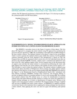 International Journal of Computer Engineering and Technology (IJCET), ISSN 0976-
6367(Print), ISSN 0976 – 6375(Online) Volume 4, Issue 3, May – June (2013), © IAEME
95
Procedure HDMNS ()
1. Initialize sol, optimal_sol, Mined_sol
Φ
2. Initialize sol_space Φ
3. Initialize USS, FIS, UFIS Φ
4. Read list, p
5. Sol NSApproach(list, p)
6. USS Update_sol_space (sol)
7. FIS Generate_frequent_items(USS)
8. UFIS Update_supportcount(FIS, USS)
9. Mined _ sol Generate _ mined
_solution(UFIS)
10. Update optimal_sol
Figure 4: Hybridized Data Mining NS algorithm
solution. The NS Approach mechanism is illustrated in the Figure 3. It is having two phases:
the construction phase and NB Search phase.
II. HYBRIDIZED DATA MINING NEIGHBOURHOOD SEARCH APPROACH AND
HYBRID MULTIPLE DATA MINING BASED NEIGHBORHOOD SEARCH
The HDMNS () procedure shown in the Figure 4 consists of three phases. The first
phase NS Approach (), computes the initial solution using NS approach by considering the
given list and user specified ‘P’ [18]. The second phase is the application of DM technique to
the basic realistic solution. The obtained solution in first phase is input for the second phase
which is used to generate the updated solution space (USS) that consists of all the probable
solutions generated using the result obtained in the NSApproach (). Based on USS, the
Frequent item set (FIS) are generated which consists the set of all individual items that are
present in the USS [4, 5 and 9]. Currently, support count is calculated and updated for each
item in the FIS. After updating support count, sort the frequent items in the decreasing order
of support count and then the mined solution is constructed by deliberating the items with
high support count until the size of the solution or the number of items exactly equals to ‘P’.
The final phase is used to obtain the optimal solution. The optimal solution is updated using
enhancement phase described in NSApproach which examines the global optimal solution
that optimizes the objective of the given p-median problem [13, 14]. HMDMNS described in
the Figure 5, is the Metaheuristic based on Neighbourhood Search (NS) hybridized with
Data Mining Technique (HDMNS) multiple times iteratively with Frequent Mining to
provide an updated solution to p-median problem if exits in each iteration [6]. The resulting
local optimal solution from NS method serves as a basis for identification of practical
solution space that holds different possible solutions of similar size and by the application of
frequent mining technique on it results in identification of frequent items. Basing on the
support count, most practical solution is identified. The frequent mining technique is applied
only one time in HDMNS and yields a better solution. In HMDMNS it is applied constantly
several times based on the inspiration that on applying the mining technique one time derives
a better solution. Then applying the same over and over again will definitely yield optimal
one.
Procedure NSApproach ()
1. optml_sol ∅
2. sol Construction(data points);
3. best_sol NBSearch(sol);
4. if cost(sol) > cost(optml_sol)
5. optml_sol sol;
6. end if
7. until Termination criterion;
8. return optml_sol;
Figure 3: NS Approach procedure
 