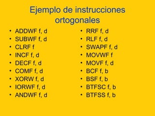 Ejemplo de instrucciones ortogonales ADDWF f, d SUBWF f, d CLRF f INCF f, d DECF f, d COMF f, d XORW f, d IORWF f, d ANDWF f, d RRF f, d RLF f, d SWAPF f, d MOVWF f MOVF f, d BCF f, b BSF f, b BTFSC f, b BTFSS f, b 