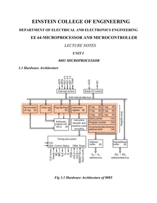 EINSTEIN COLLEGE OF ENGINEERING
DEPARTMENT OF ELECTRICAL AND ELECTRONICS ENGINEERING

EE 64-MICROPROCESSOR AND MICROCONTROLLER
LECTURE NOTES
UNIT I
8085 MICROPROCESSOR
1.1 Hardware Architecture

Fig 1.1 Hardware Architecture of 8085

 