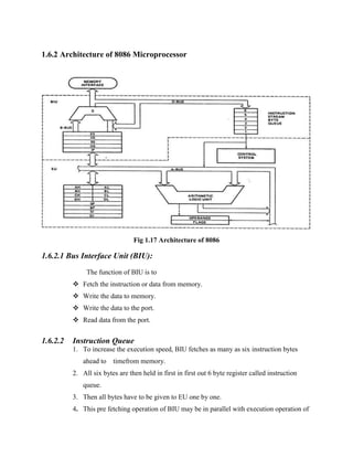 1.6.2 Architecture of 8086 Microprocessor

Fig 1.17 Architecture of 8086

1.6.2.1 Bus Interface Unit (BIU):
The function of BIU is to
 Fetch the instruction or data from memory.
 Write the data to memory.
 Write the data to the port.
 Read data from the port.

1.6.2.2

Instruction Queue
1. To increase the execution speed, BIU fetches as many as six instruction bytes
ahead to

timefrom memory.

2. All six bytes are then held in first in first out 6 byte register called instruction
queue.
3. Then all bytes have to be given to EU one by one.
4. This pre fetching operation of BIU may be in parallel with execution operation of

 