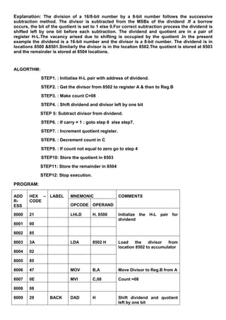 Explanation: The division of a 16/8-bit number by a 8-bit number follows the successive
subtraction method. The divisor is subtracted from the MSBs of the dividend .If a borrow
occurs, the bit of the quotient is set to 1 else 0.For correct subtraction process the dividend is
shifted left by one bit before each subtraction. The dividend and quotient are in a pair of
register H-L.The vacancy arised due to shifting is occupied by the quotient .In the present
example the dividend is a 16-bit number and the divisor is a 8-bit number. The dividend is in
locations 8500 &8501.Similarly the divisor is in the location 8502.The quotient is stored at 8503
and the remainder is stored at 8504 locations.
ALGORTHM:
STEP1. : Initialise H-L pair with address of dividend.
STEP2. : Get the divisor from 8502 to register A & then to Reg.B
STEP3. : Make count C=08
STEP4. : Shift dividend and divisor left by one bit
STEP 5: Subtract divisor from dividend.
STEP6. : If carry = 1 : goto step 8 else step7.
STEP7. : Increment quotient register.
STEP8. : Decrement count in C
STEP9. : If count not equal to zero go to step 4
STEP10: Store the quotient in 8503
STEP11: Store the remainder in 8504
STEP12: Stop execution.
PROGRAM:
ADD
R-
ESS
HEX –
CODE
LABEL MNEMONIC COMMENTS
OPCODE OPERAND
8000 21 LHLD H, 8500 Initialize the H-L pair for
dividend
8001 00
8002 85
8003 3A LDA 8502 H Load the divisor from
location 8502 to accumulator
8004 02
8005 85
8006 47 MOV B,A Move Divisor to Reg.B from A
8007 0E MVI C,08 Count =08
8008 08
8009 29 BACK DAD H Shift dividend and quotient
left by one bit
 