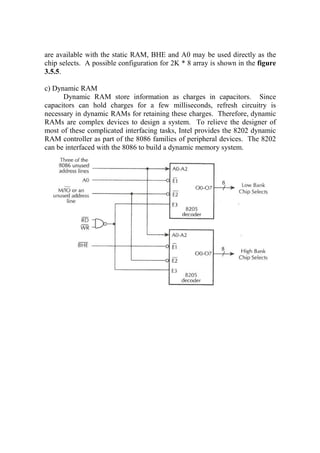 are available with the static RAM, BHE and A0 may be use
chip selects. A possible configuration for 2K * 8 array is shown in the
3.5.5.
c) Dynamic RAM
Dynamic RAM store information as charges in capacitors. Since
capacitors can hold charges for a few milliseconds, refresh circuitry i
necessary in dynamic RAMs for retaining these charges. Therefore, dynamic
RAMs are complex devices to design a system. To relieve the designer of
most of these complicated interfacing tasks, Intel provides the 8202 dynamic
RAM controller as part of the
can be interfaced with the 8086 to build a dynamic memory system.
are available with the static RAM, BHE and A0 may be use
chip selects. A possible configuration for 2K * 8 array is shown in the
Dynamic RAM store information as charges in capacitors. Since
capacitors can hold charges for a few milliseconds, refresh circuitry i
necessary in dynamic RAMs for retaining these charges. Therefore, dynamic
RAMs are complex devices to design a system. To relieve the designer of
most of these complicated interfacing tasks, Intel provides the 8202 dynamic
RAM controller as part of the 8086 families of peripheral devices. The 8202
can be interfaced with the 8086 to build a dynamic memory system.
are available with the static RAM, BHE and A0 may be used directly as the
chip selects. A possible configuration for 2K * 8 array is shown in the figure
Dynamic RAM store information as charges in capacitors. Since
capacitors can hold charges for a few milliseconds, refresh circuitry is
necessary in dynamic RAMs for retaining these charges. Therefore, dynamic
RAMs are complex devices to design a system. To relieve the designer of
most of these complicated interfacing tasks, Intel provides the 8202 dynamic
8086 families of peripheral devices. The 8202
can be interfaced with the 8086 to build a dynamic memory system.
 
