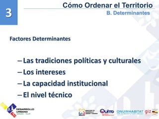 Cómo Ordenar el Territorio
3
3                               B. Determinantes



Factores Determinantes


    – Las tradiciones políticas y culturales
    – Los intereses
    – La capacidad institucional
    – El nivel técnico
 