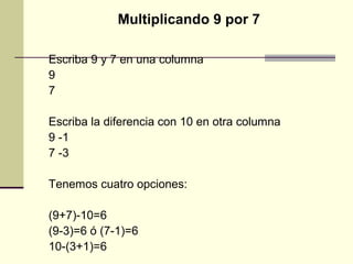Multiplicando 9 por 7
Escriba 9 y 7 en una columna
9
7
Escriba la diferencia con 10 en otra columna
9 -1
7 -3
Tenemos cuatro opciones:
(9+7)-10=6
(9-3)=6 ó (7-1)=6
10-(3+1)=6
 