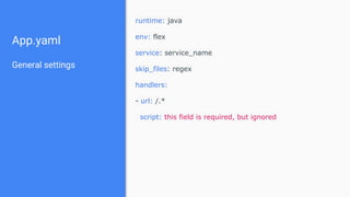 App.yaml
General settings
runtime: java
env: flex
service: service_name
skip_files: regex
handlers:
- url: /.*
script: this field is required, but ignored
 